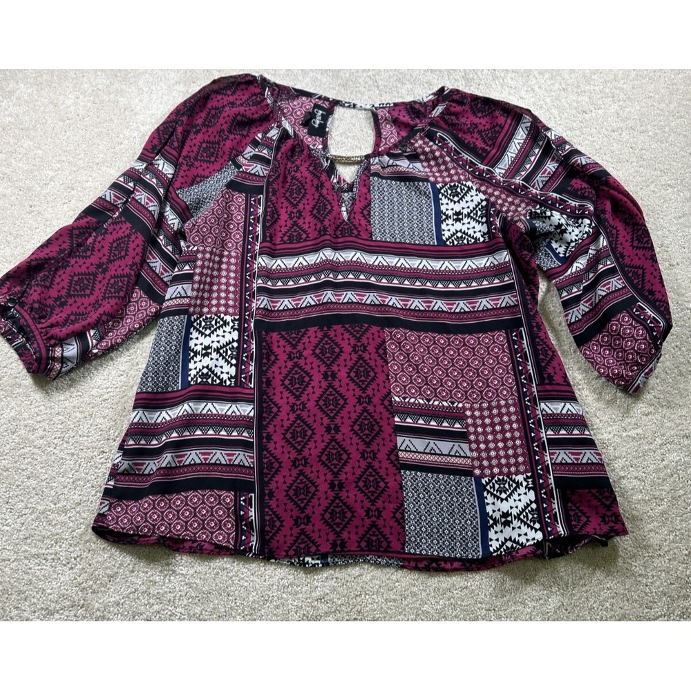 By & By Womens Size L Purple Aztec Print Tunic Sheer 3/4 Sleeve